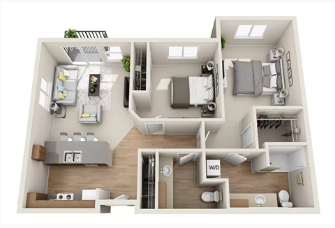Floor plan for 2 beds, 1.5 baths, 998 sqft